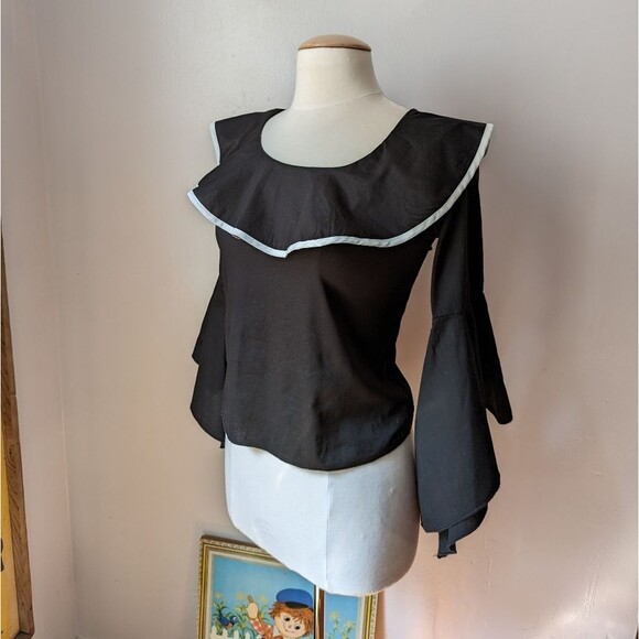 Black Boat Neck Ruffle Top with Bell Sleeves Size S - Picture 6 of 6